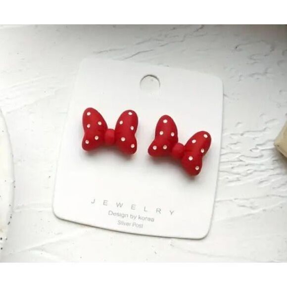 NWT NEW Minnie Mouse Red White Polka Dot Bow Stud Earrings - Picture 6 of 6